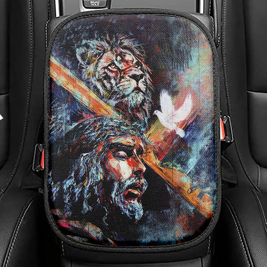 Jesus Carry Cross With Lion Dove Seat Box Cover, Lion Car Center Console Cover, Christian Inspirational Car Interior Accessories