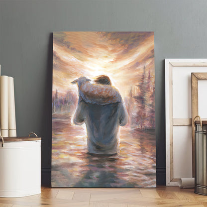 Jesus Carrying Lamb On Shoulders Through Water Canvas Pictures - Jesus Canvas Painting - Christian Canvas Prints