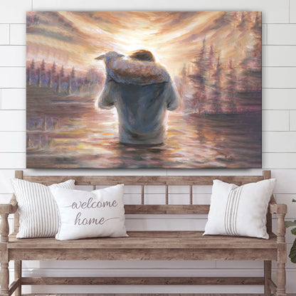Jesus Carrying Lamb On Shoulders Through Water Canvas Posters - Jesus Canvas Pictures - Christian Canvas Art