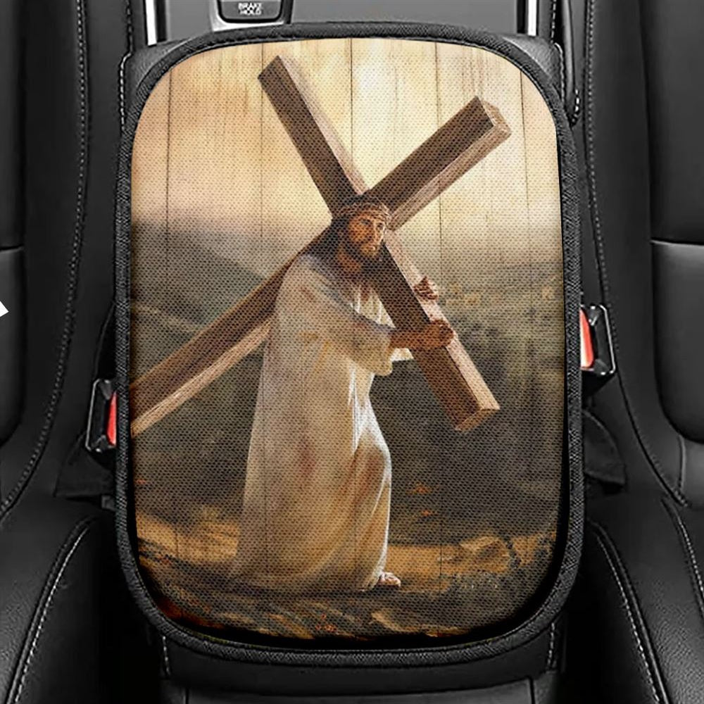 Jesus Carrying The Cross Car Center Console Cover, Christian Armrest Seat Cover, Bible Seat Box Cover