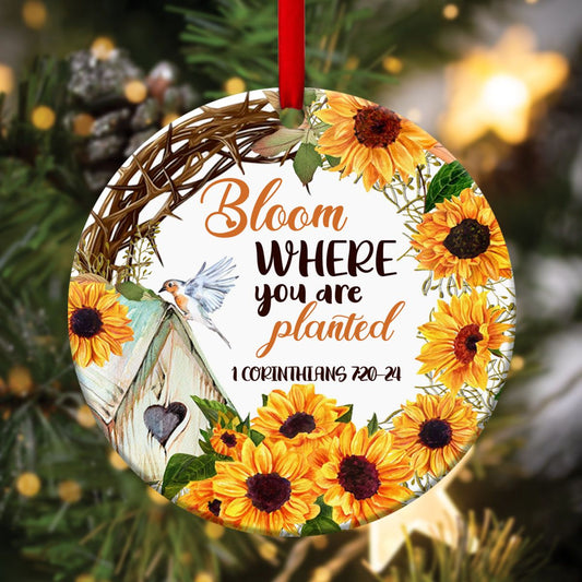 Jesus Ceramic Circle Ornament - Beautiful Crown Of Thorns And Sunflower - Gift For Christmas