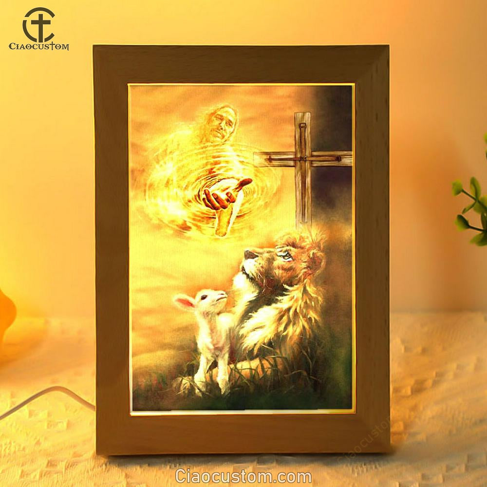 Jesus Christ - Lamb Of God & Lion Of Judah Frame Lamp Prints - Bible Verse Wooden Lamp - Scripture Night Light