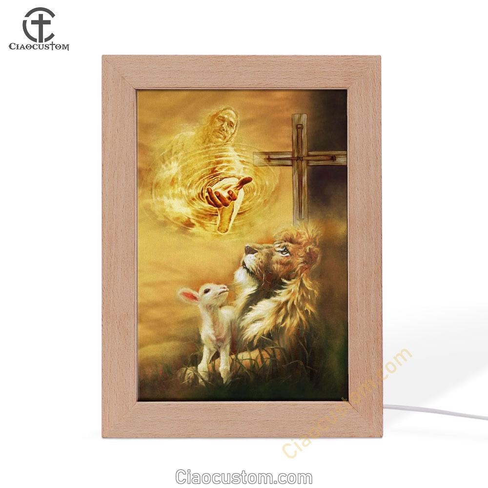 Jesus Christ - Lamb Of God & Lion Of Judah Frame Lamp Prints - Bible Verse Wooden Lamp - Scripture Night Light