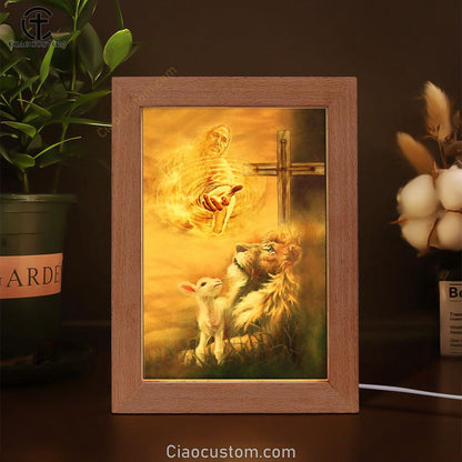 Jesus Christ - Lamb Of God & Lion Of Judah Frame Lamp Prints - Bible Verse Wooden Lamp - Scripture Night Light