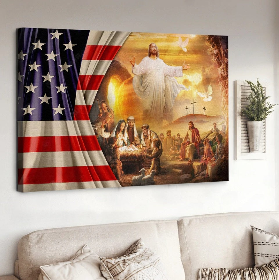 Jesus Christ American Flag Birth Of Jesus Canvas Wall Art - Jesus Canvas Pictures - Christian Wall Posters