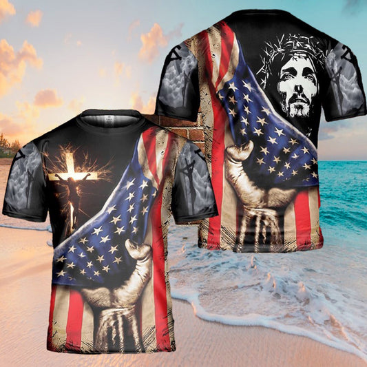 Jesus Christ American Flag Cross 3d T Shirts - Christian Shirts For Men&Women
