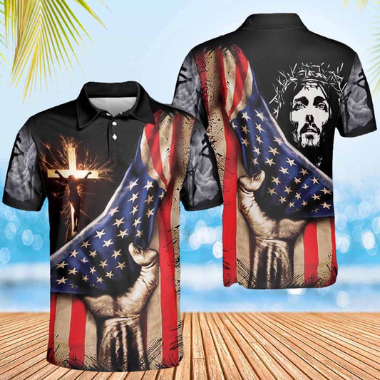 Jesus Christ American Flag Cross Polo Shirts - Christian Shirt For Men And Women