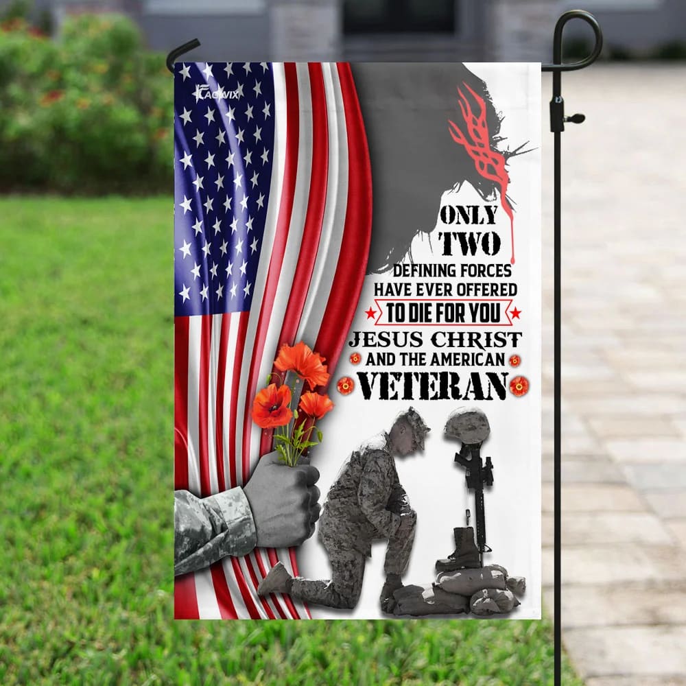 Jesus Christ And American Veteran House Flags - Christian Garden Flags - Outdoor Christian Flag