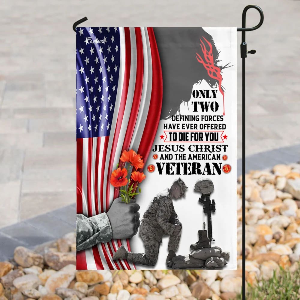 Jesus Christ And American Veteran House Flags - Christian Garden Flags - Outdoor Christian Flag