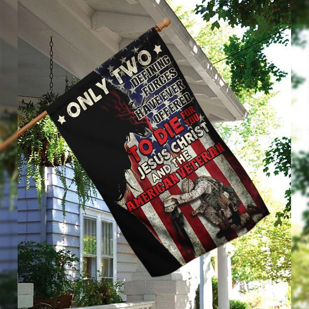 Jesus Christ And The American Veteran House Flags - Christian Garden Flags - Outdoor Christian Flag