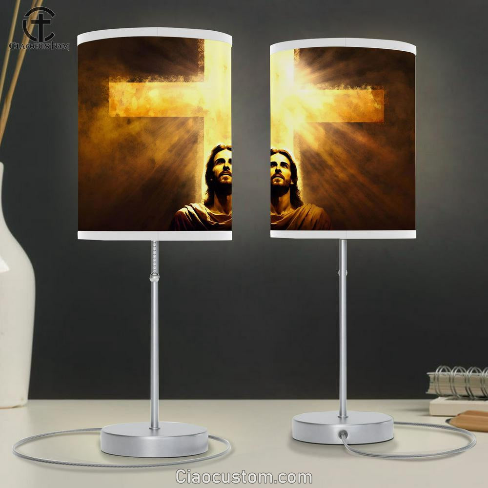 Jesus Christ Close Up Portrait With Cross Table Lamp Pictures - Faith Art - Christian Table Lamp For Bedroom Decor