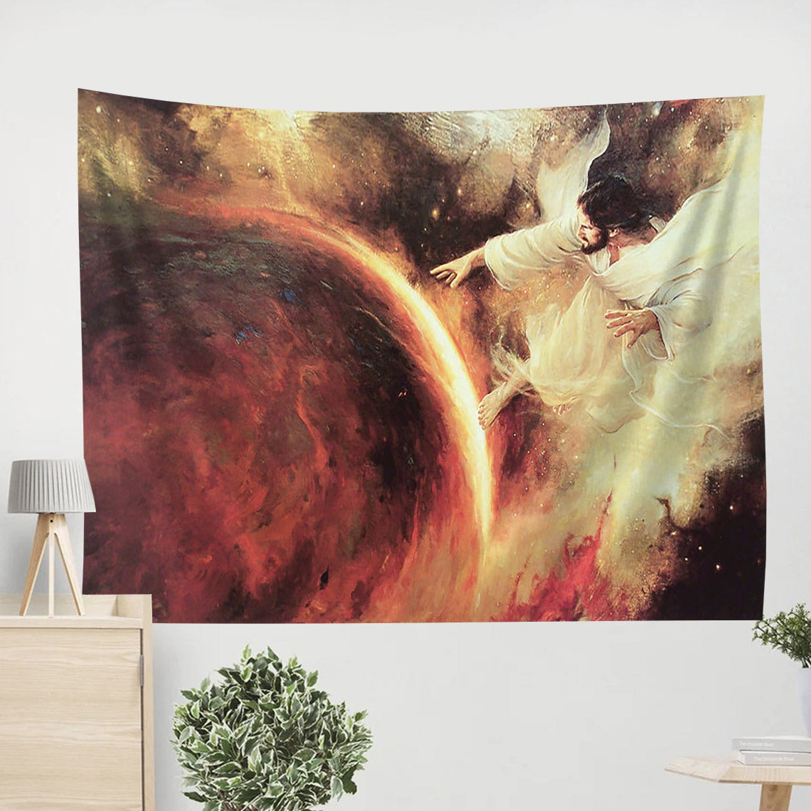 Jesus Christ Creates the Earth and the Heavens Tapestry - Jehovah Creates the Earth Tapestry - Christian Wall Tapestry