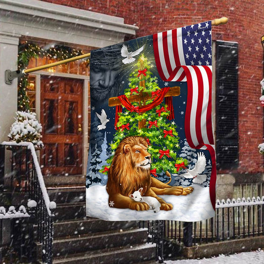 Jesus Christ Cross Lion of Judah Christmas Tree Flag - Religious Christmas House Flags
