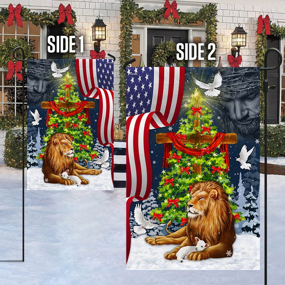 Jesus Christ Cross Lion of Judah Christmas Tree Flag - Religious Christmas House Flags