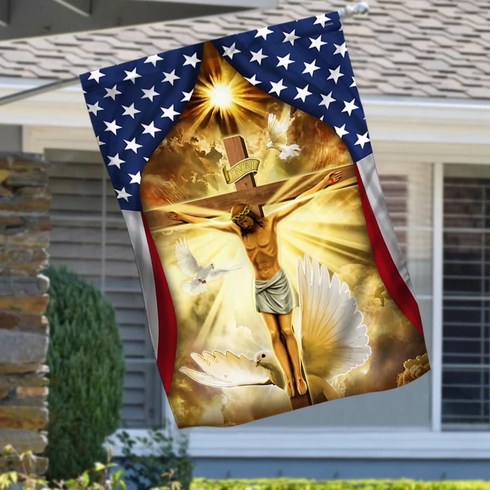Jesus Christ Crucified On The Cross In American Flag - Outdoor Christian House Flag - Christian Garden Flags