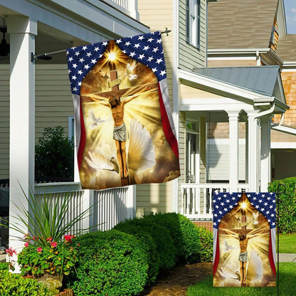 Jesus Christ Crucified On The Cross In American Flag - Outdoor Christian House Flag - Christian Garden Flags