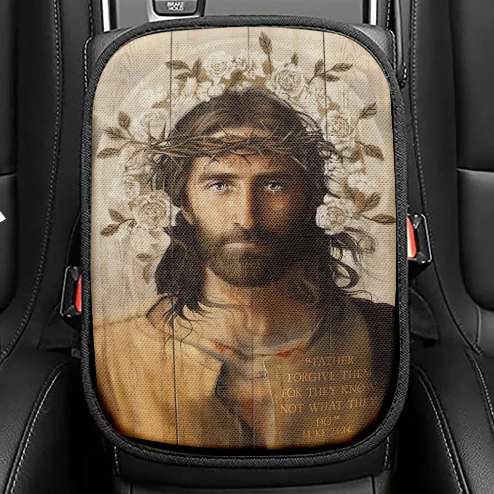 Jesus Christ Father Forgive Them Thorn Crown Car Center Console Cover, Christian Armrest Seat Cover, Bible Seat Box Cover