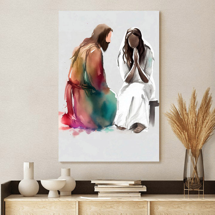 Jesus Christ Holding A Woman Watercolor Religious Art - Canvas Pictures - Jesus Canvas Art - Christian Wall Art