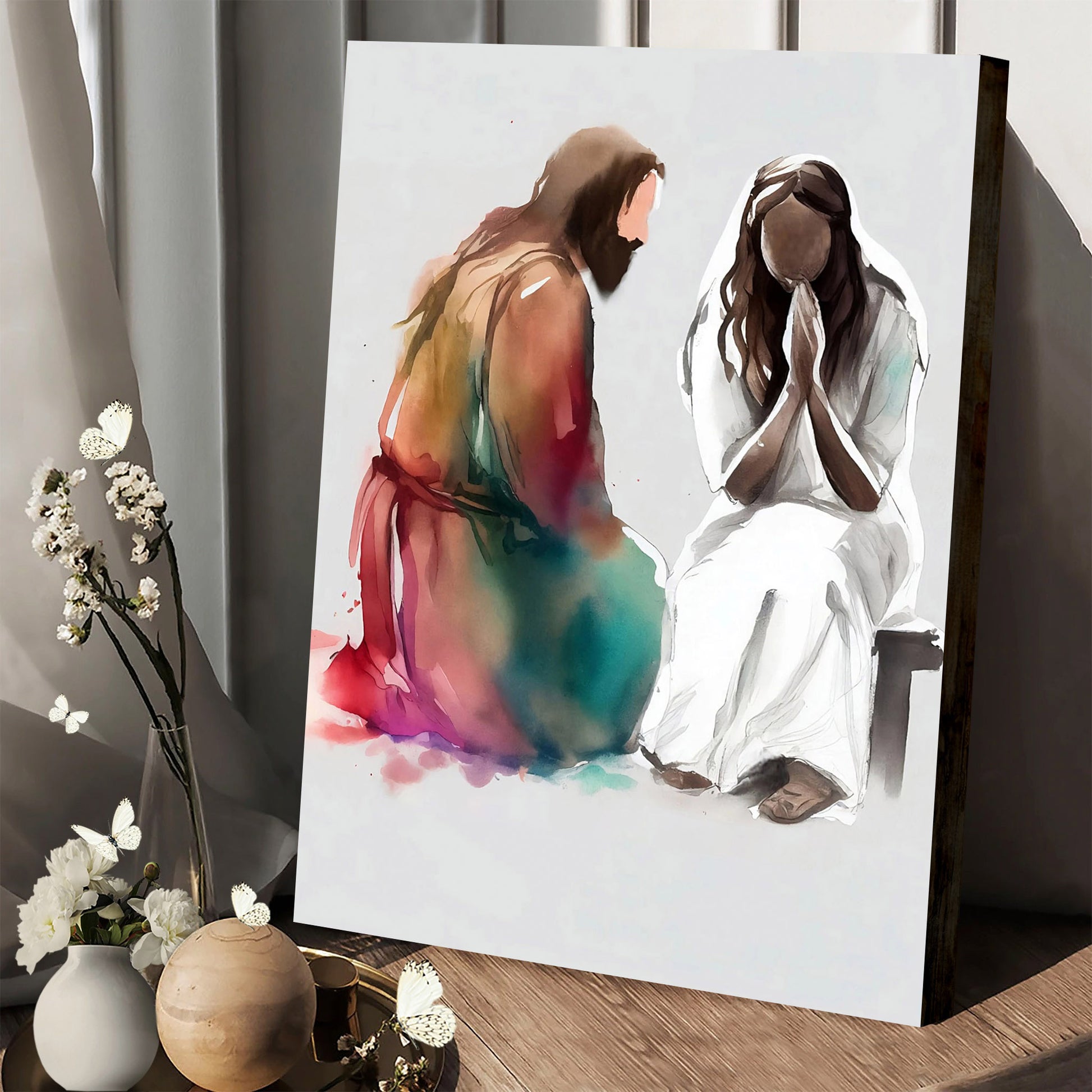 Jesus Christ Holding A Woman Watercolor Religious Art - Canvas Pictures - Jesus Canvas Art - Christian Wall Art