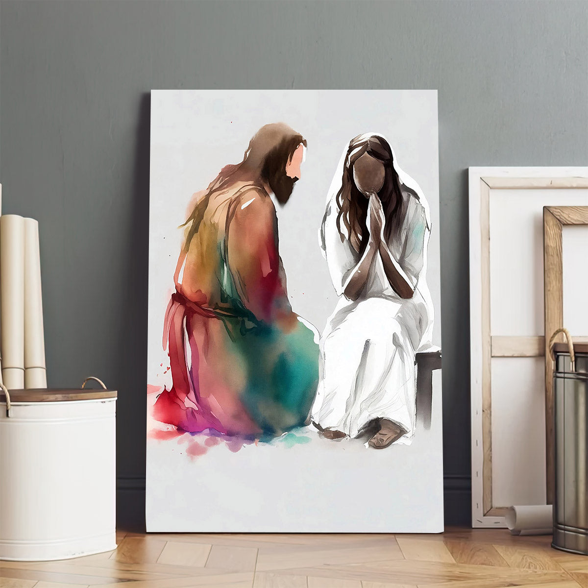 Jesus Christ Holding A Woman Watercolor Religious Art - Canvas Pictures - Jesus Canvas Art - Christian Wall Art