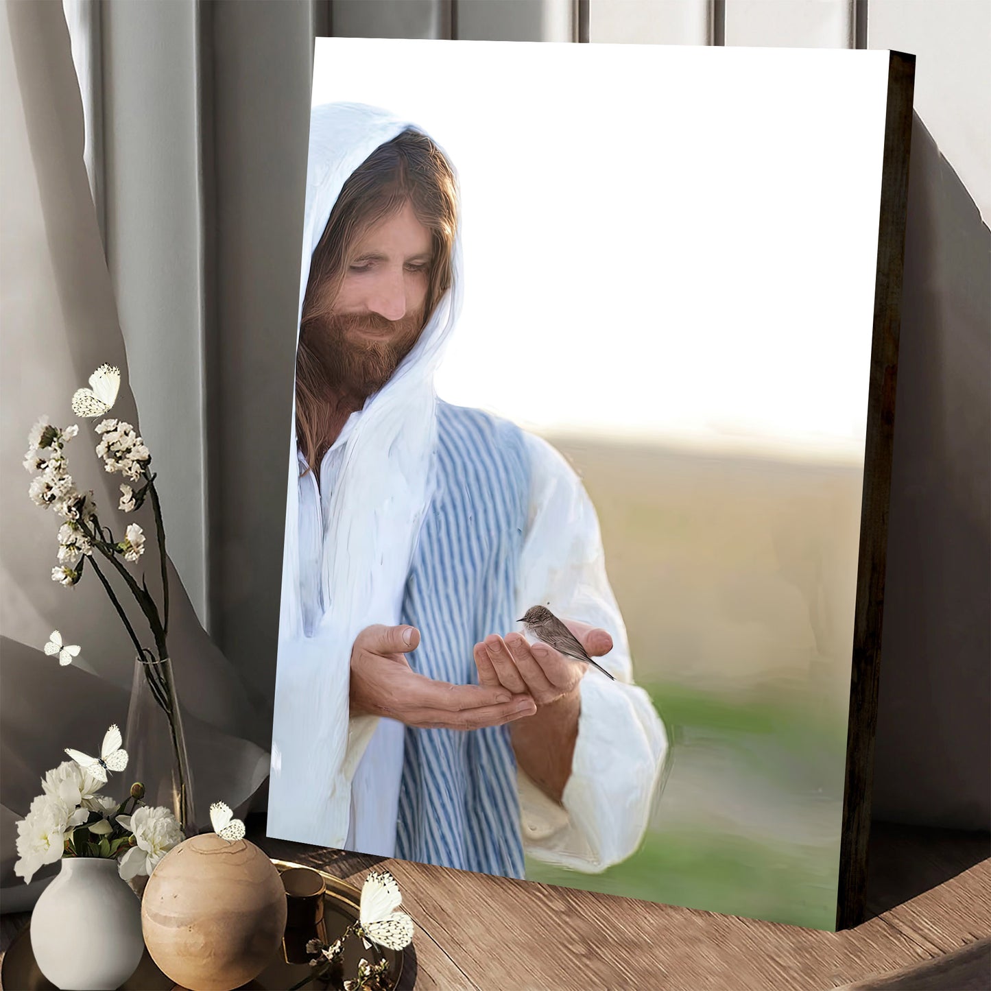 Jesus Christ Holding Sparrow Canvas Pictures - Jesus Christ Art - Christian Canvas Wall Art