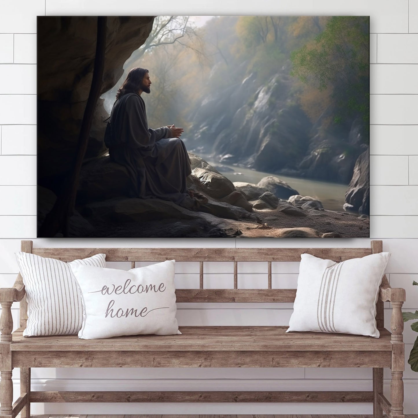 Jesus Christ In A Robe Is Resting In The Rock - Canvas Picture - Jesus Christ Canvas - Christian Wall Art