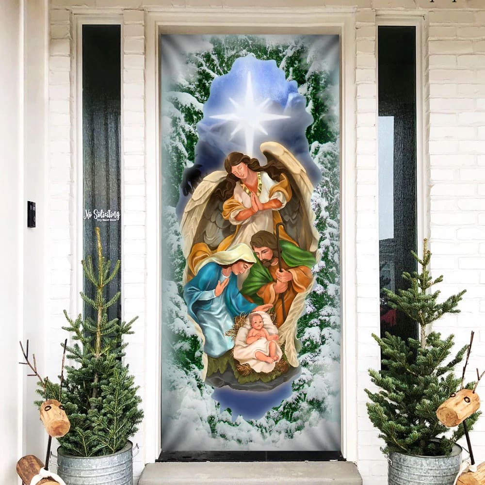 Jesus Christ Is Born Family Nativity Night Door Cover - Religious Door Decorations
