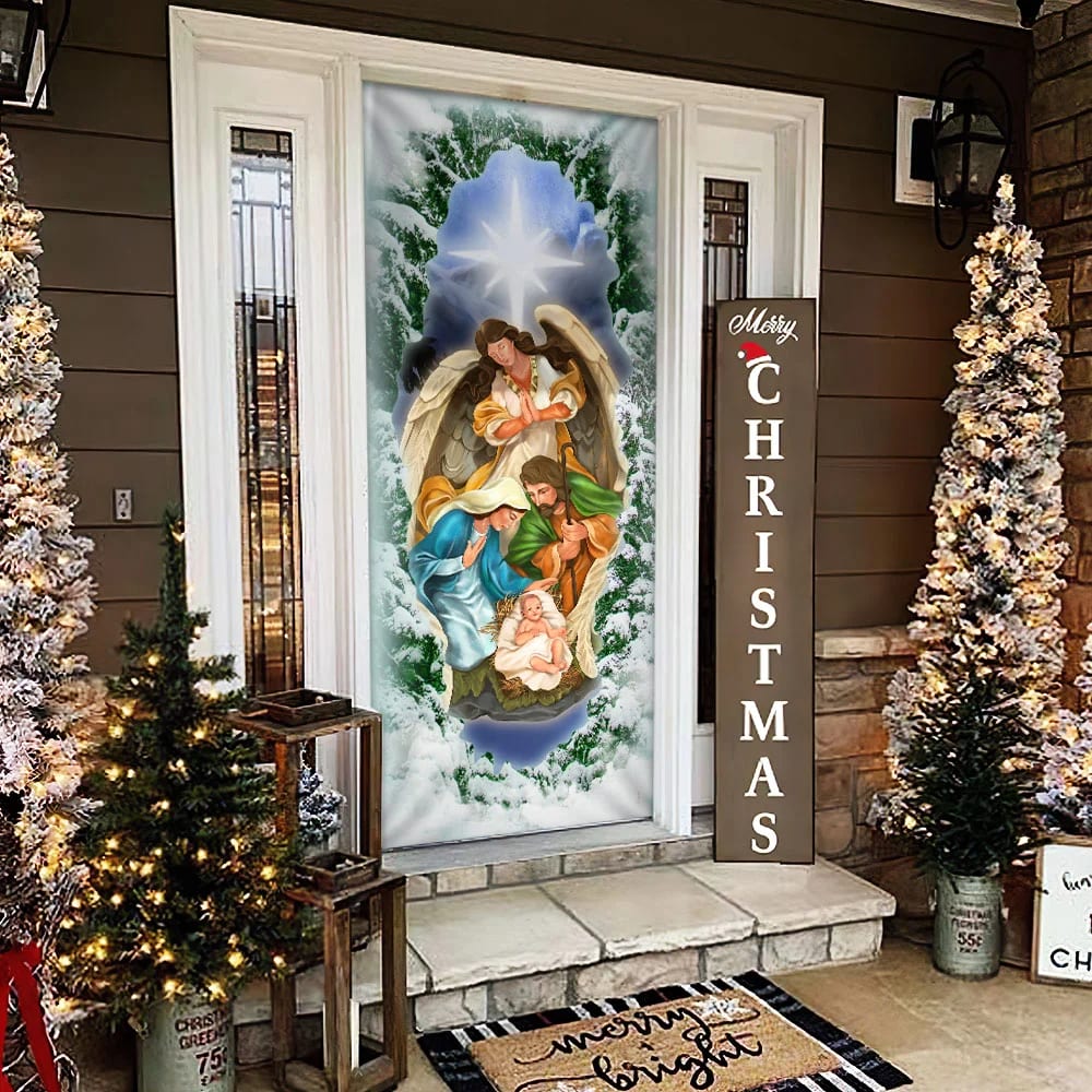 Jesus Christ Is Born Family Nativity Night Door Cover - Religious Door Decorations