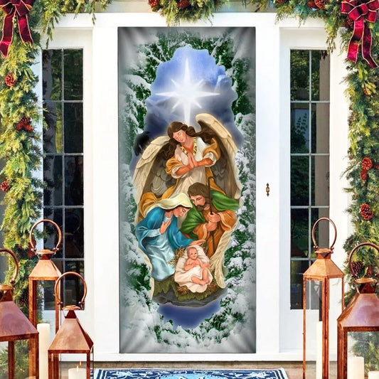 Jesus Christ Is Born Family Nativity Night Door Cover - Religious Door Decorations