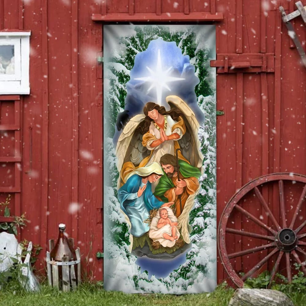 Jesus Christ Is Born Family Nativity Night Door Cover - Religious Door Decorations