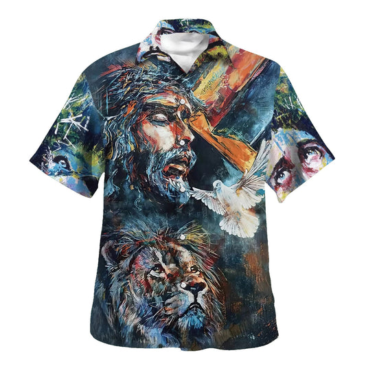 Jesus Christ Lion And Dove Hawaiian Shirts For Men - Christian Hawaiian Shirt - Hawaiian Summer Shirts