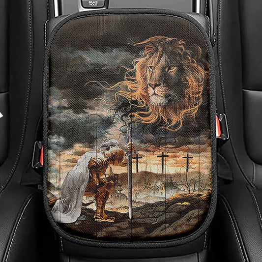 Jesus Christ Lion Of Judah Awesome Warrior Seat Box Cover, Jesus Portrait Car Center Console Cover, Christian Car Interior Accessories