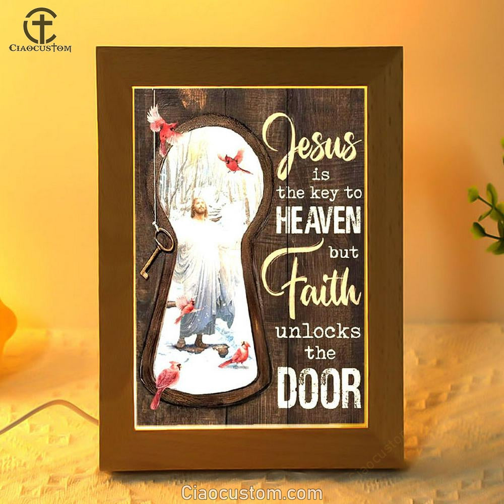Jesus Christ, Northern Cardinal, Winter Forest, Jesus Is The Key To Heaven Frame Lamp
