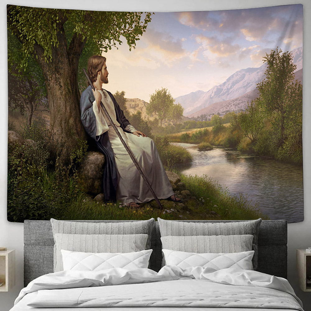 Jesus Christ Sitting Under A Tree Tapestry - Peace I Leave With You Tapestry - Jesus Pictures - Christian Wall Tapestry