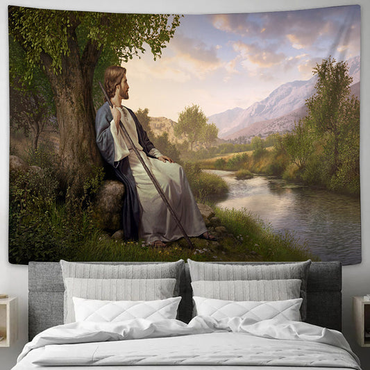 Jesus Christ Sitting Under A Tree Tapestry - Peace I Leave With You Tapestry - Jesus Pictures - Christian Wall Tapestry