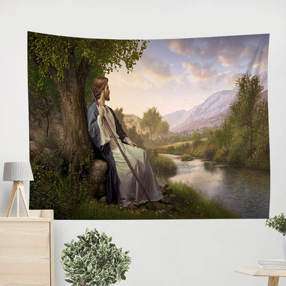 Jesus Christ Sitting Under A Tree Tapestry - Peace I Leave With You Tapestry - Jesus Pictures - Christian Wall Tapestry