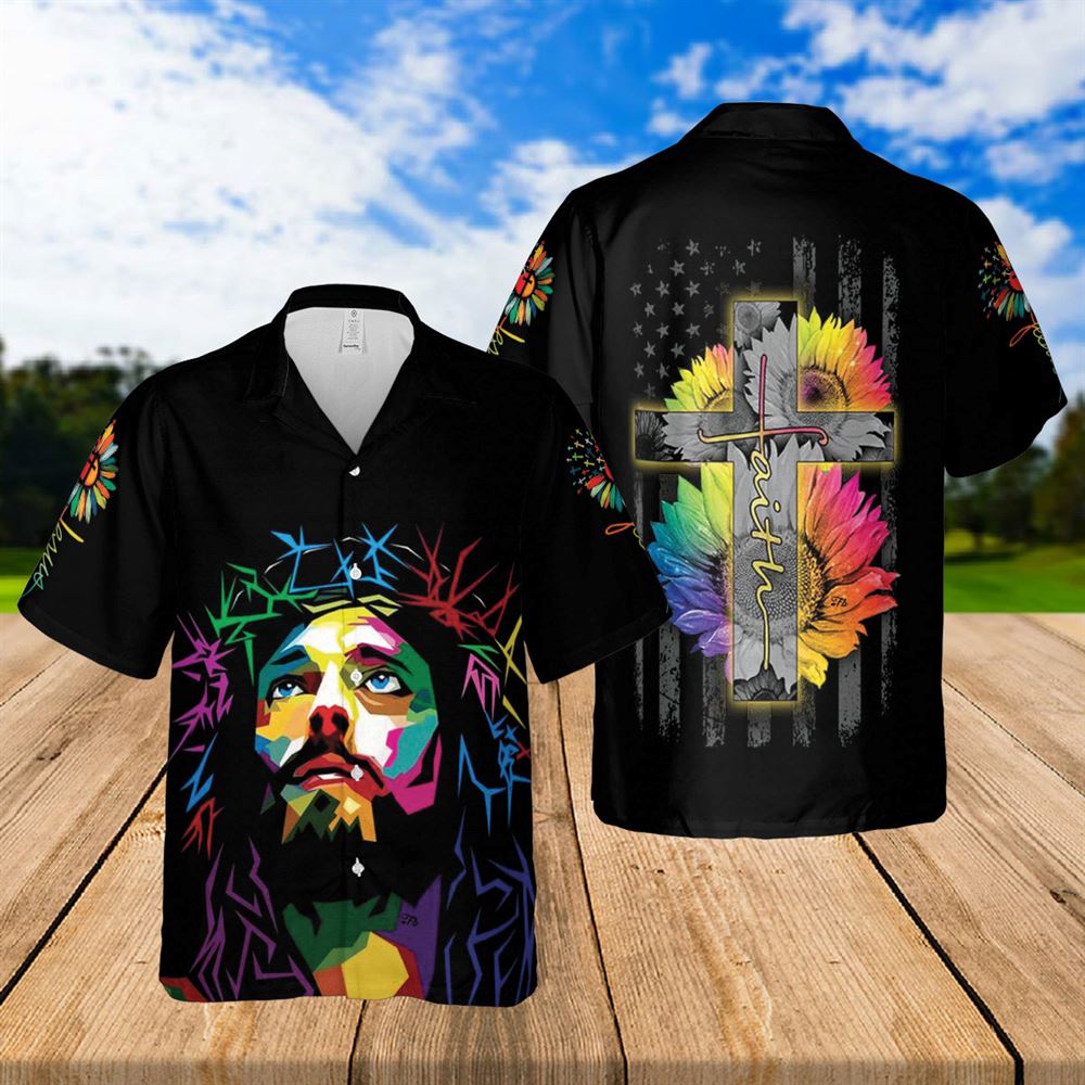 Jesus Christ Sunflower Colorful Hawaiian Shirts - Religious Hawaiian Shirts - Hawaiian Christian For Men Women