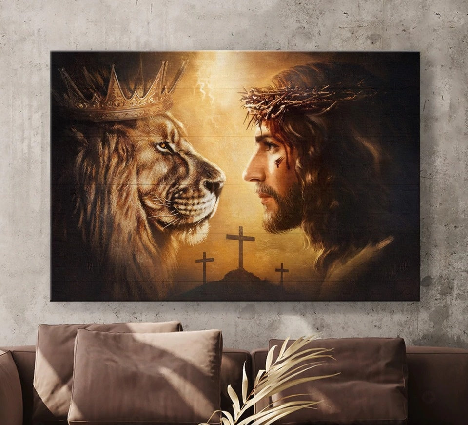 Jesus Christ The Lion Of Judah Cross Symbol Face To Face Canvas Wall Art - Jesus Canvas Pictures - Christian Wall Posters