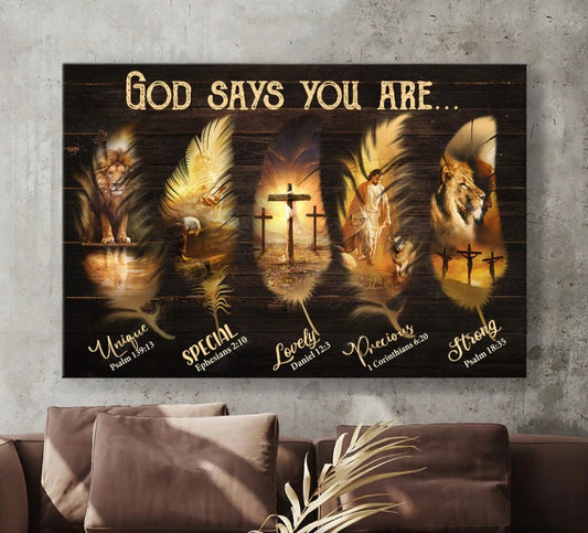 Jesus Christ The Lion Of Judah Feather Shape God Says You Are Canvas Wall Art - Jesus Canvas Pictures - Christian Wall Posters