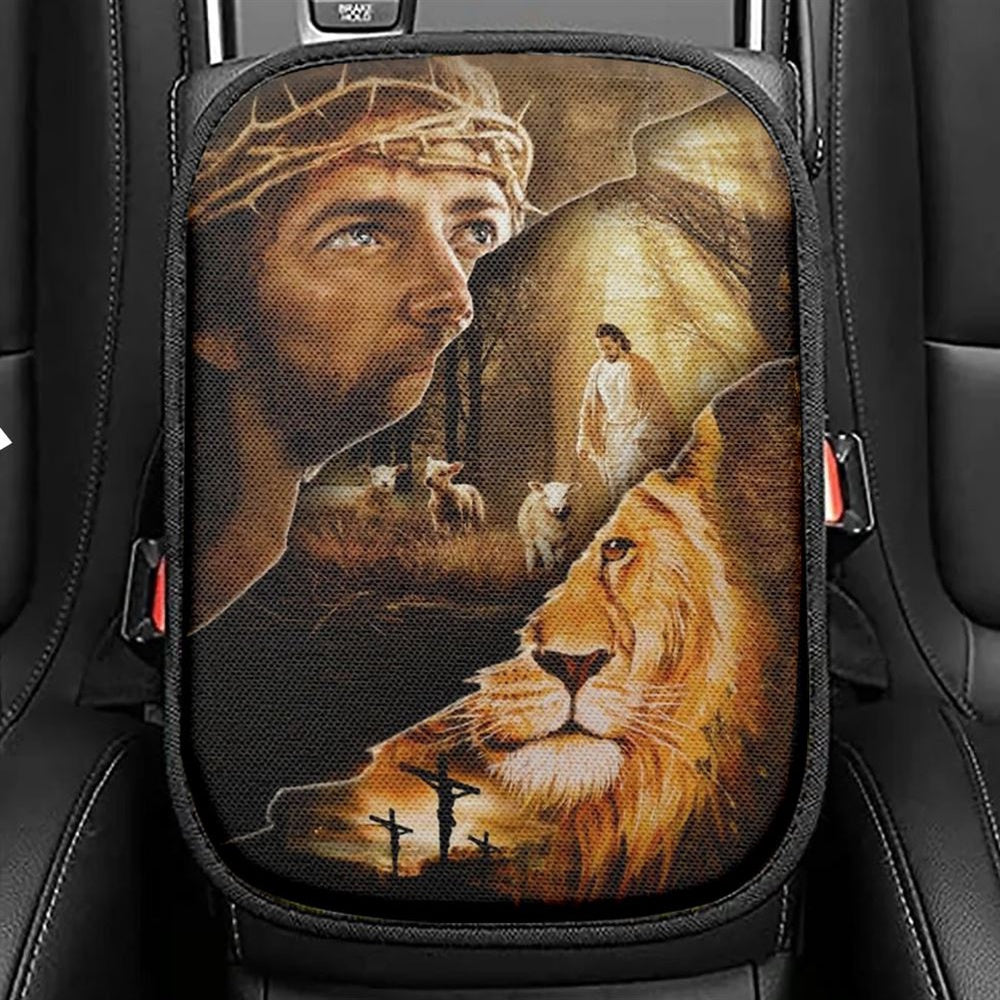 Jesus Christ The Lion Of Judah The Lamb Of God Car Center Console Cover, Christian Armrest Seat Cover, Bible Seat Box Cover