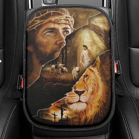 Jesus Christ The Lion Of Judah The Lamb Of God Car Center Console Cover, Christian Armrest Seat Cover, Bible Seat Box Cover