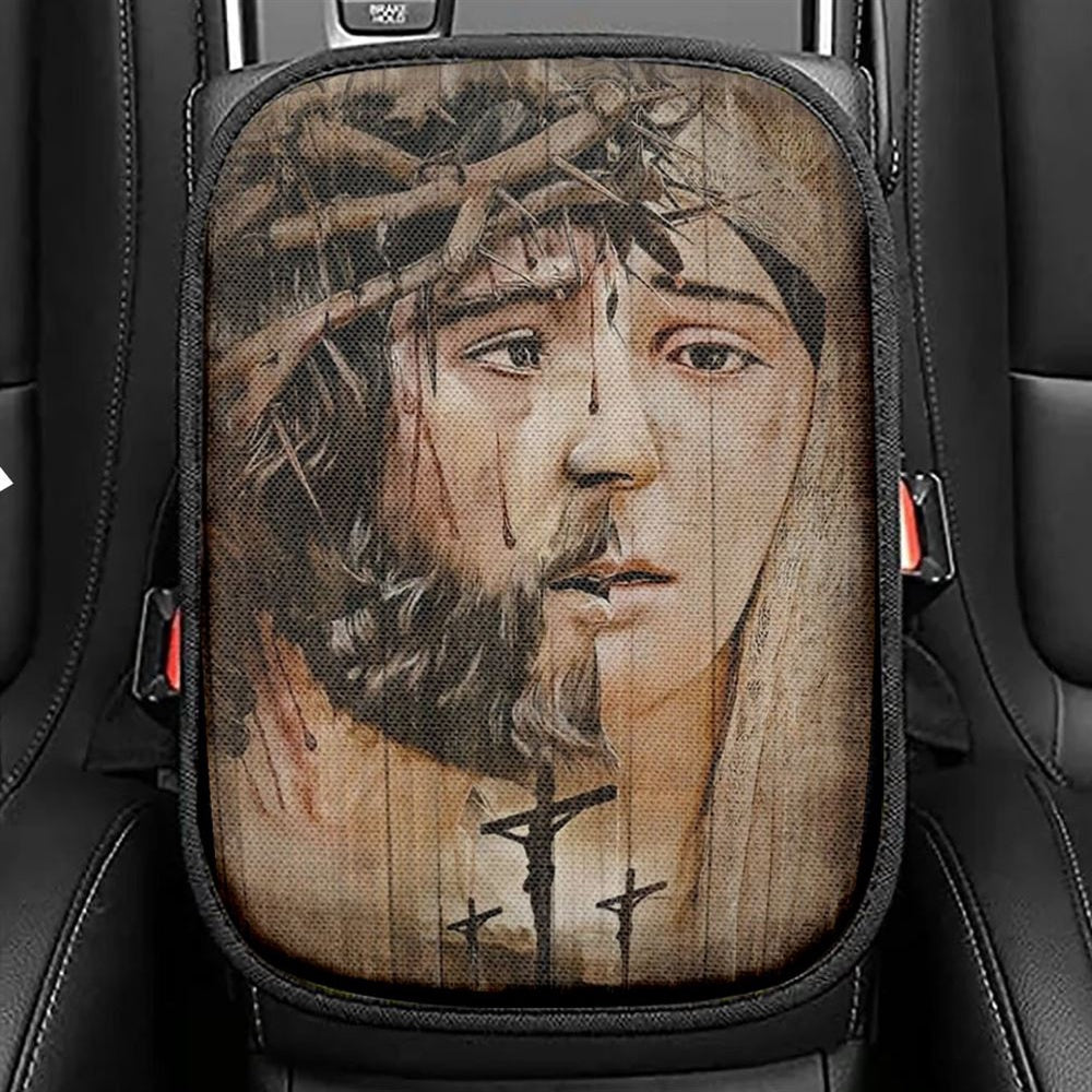 Jesus Christ, Virgin Mary, Crown Of Thorns, Jesus On The Cross Car Center Console Cover, Christian Armrest Seat Cover, Bible Seat Box Cover