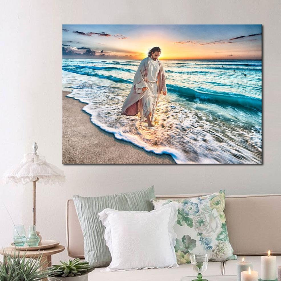 Jesus Christ Walking On The Beach Canvas, Jesus Art Decor, Easter's Day Wall Art Home Decor