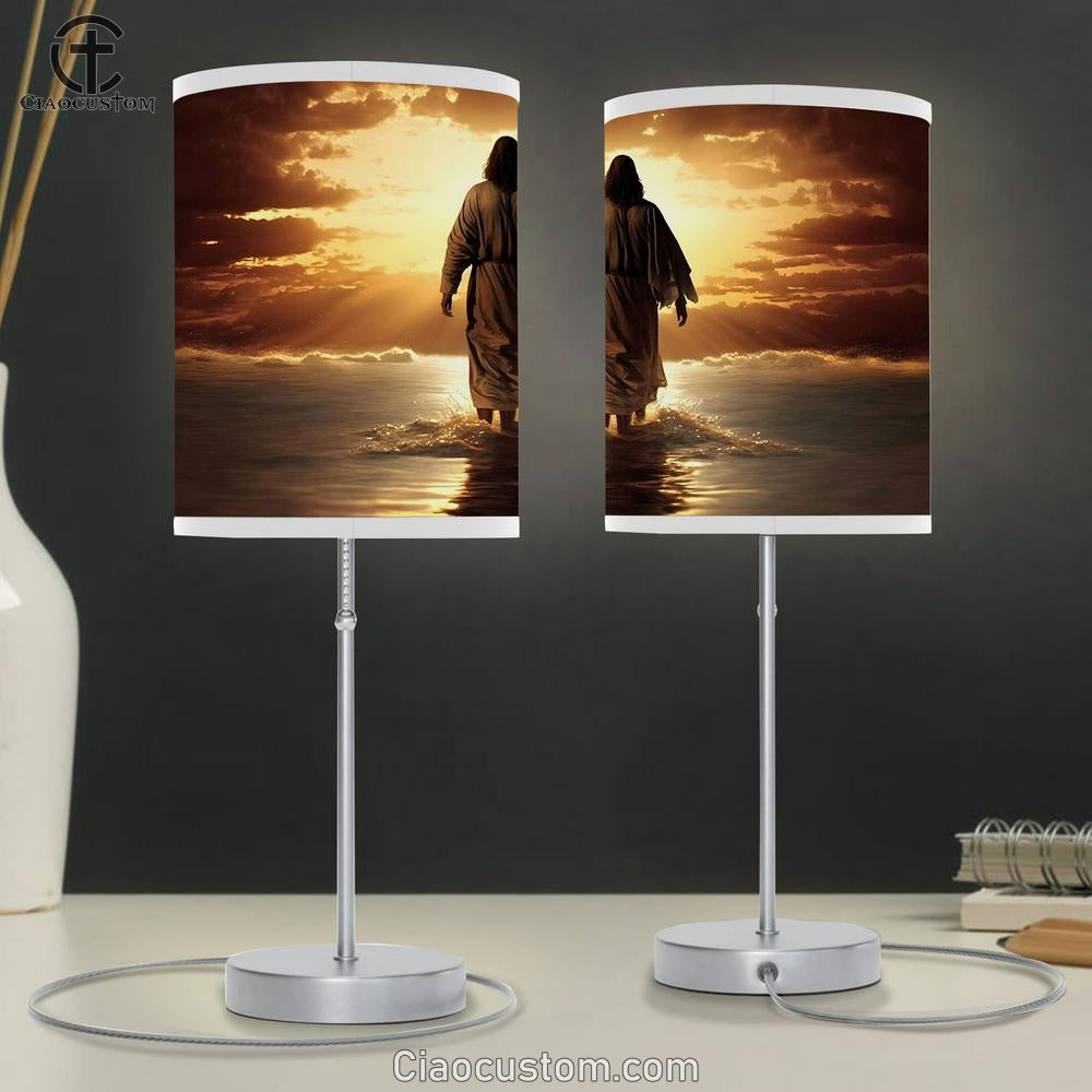 Jesus Christ Walking On Water Sunset Table Lamp Pictures - Faith Art - Christian Table Lamp For Bedroom Decor
