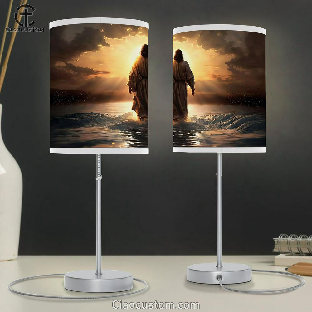 Jesus Christ Walks Water Sunset 1 Table Lamp Pictures - Faith Art - Christian Table Lamp For Bedroom Decor