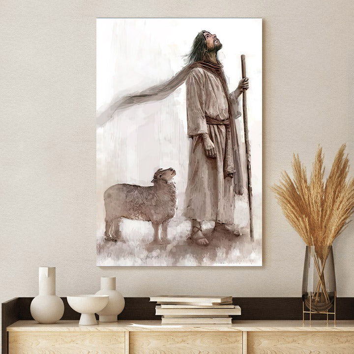 Jesus Christ With A Lamb Looking Up Canvas Pictures - Jesus Canvas Painting - Christian Canvas Prints