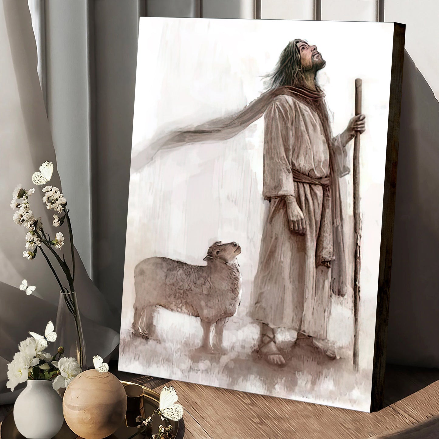 Jesus Christ With A Lamb Looking Up Canvas Pictures - Jesus Canvas Painting - Christian Canvas Prints