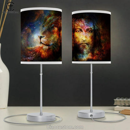 Jesus Christ With A Lion Of Judah In Cosmic Space Table Lamp Prints - Religious Room Decor - Christian Table Lamp For Bedroom