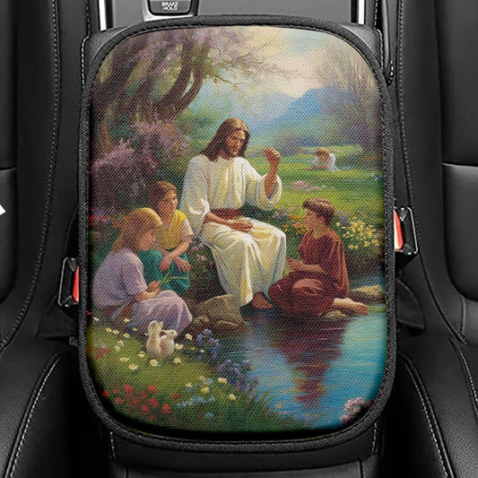Jesus Christ With Children Seat Box Cover, Jesus Car Center Console Cover, Christian Car Interior Accessories