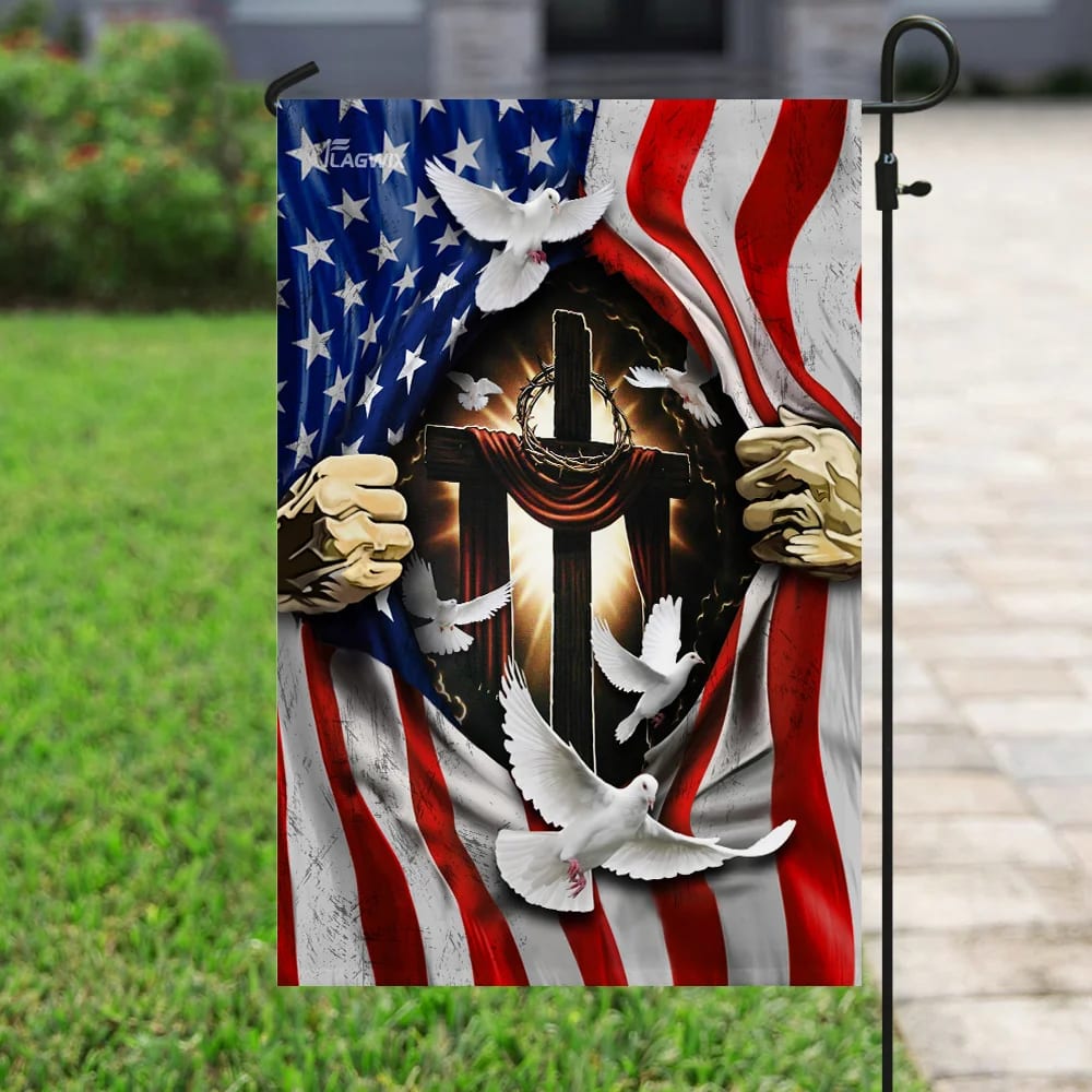 Jesus Christ With Cross American House Flags With Dove House Flags - Christian Garden Flags - Outdoor Christian Flag